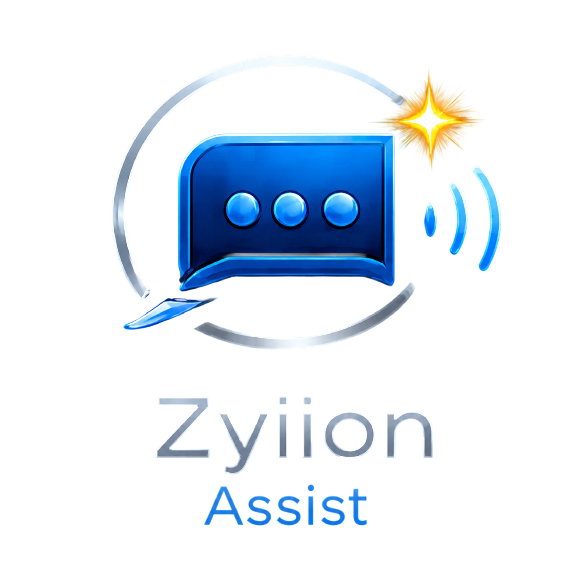 Zyiion Assist logo: a blue message panel with three dots inside a silver ring