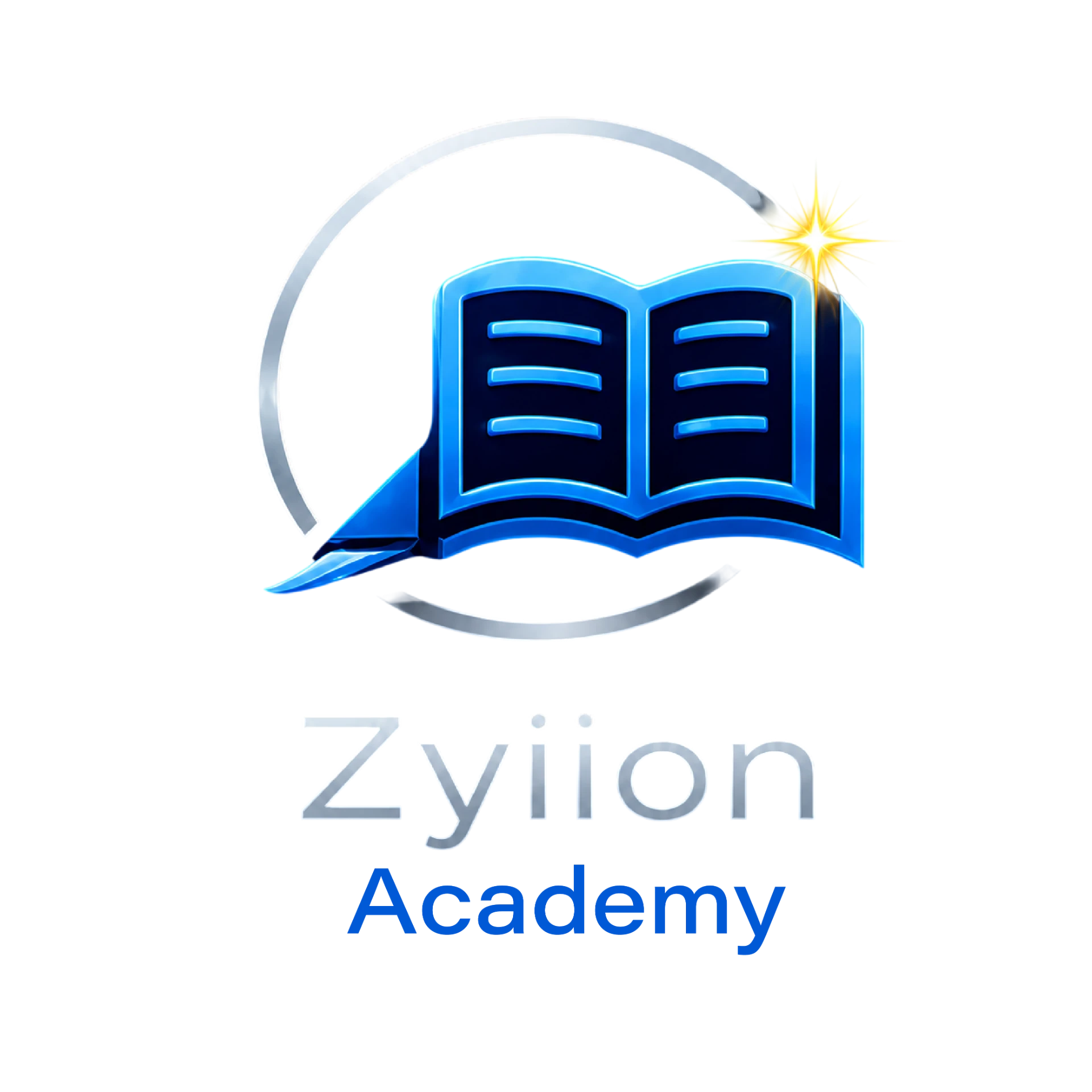 Zyiion Academy logo: an open blue book inside a silver ring with a gold spark