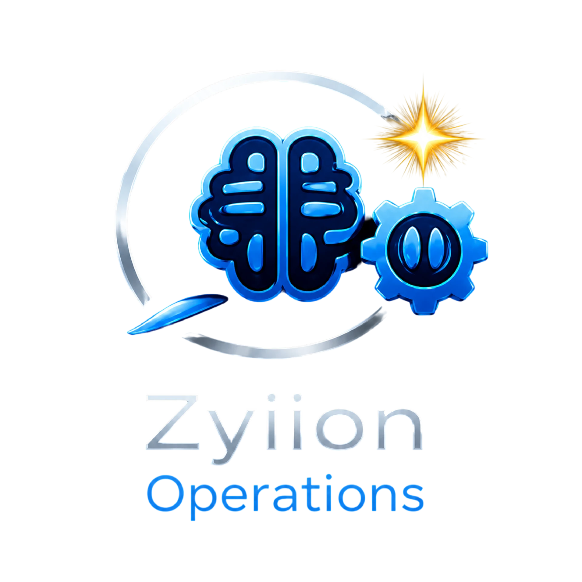 Zyiion Operations logo: a blue brain and gear inside a silver ring with a gold spark