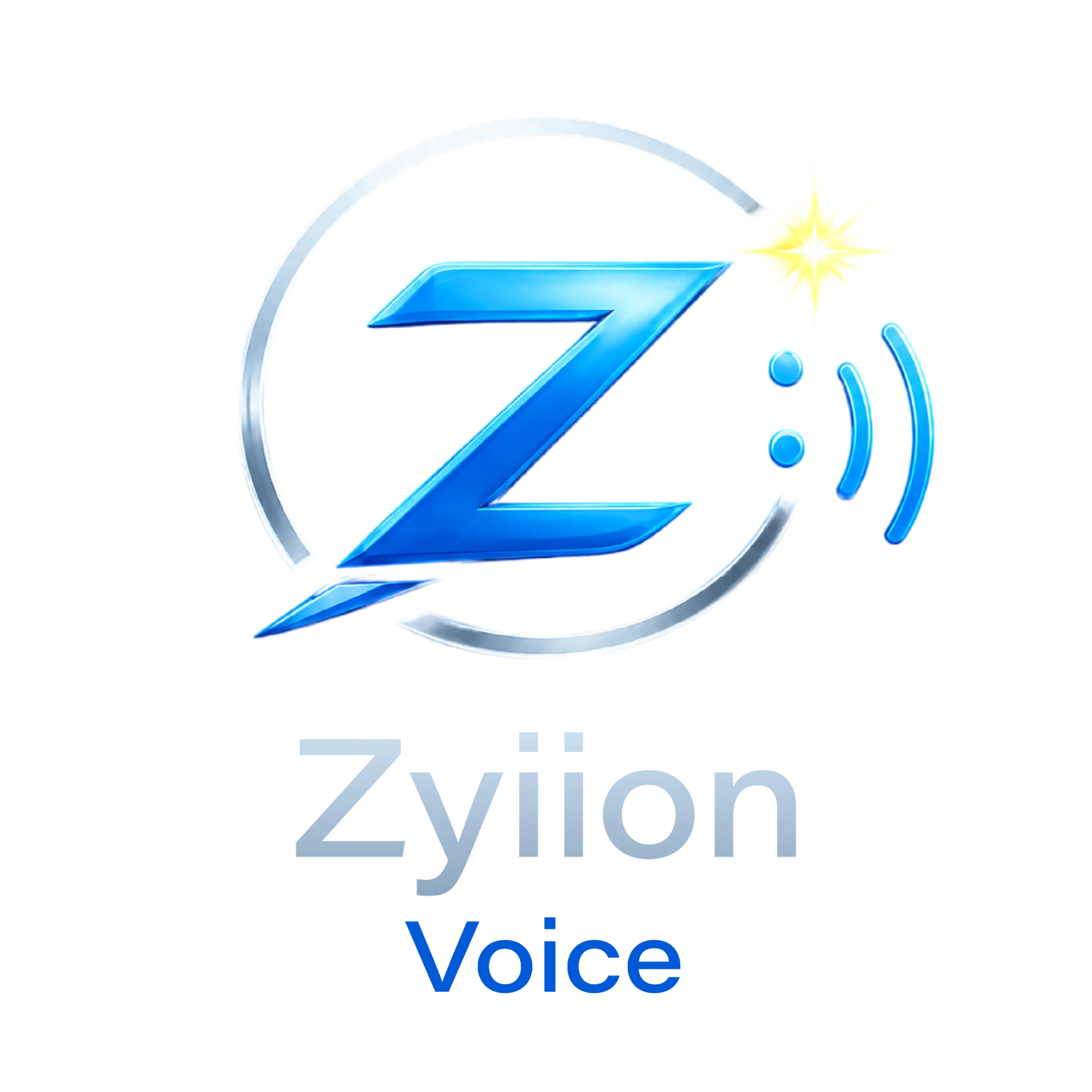 Zyiion Voice logo: a royal blue Z with a silver ring, a gold spark and blue sound waves
