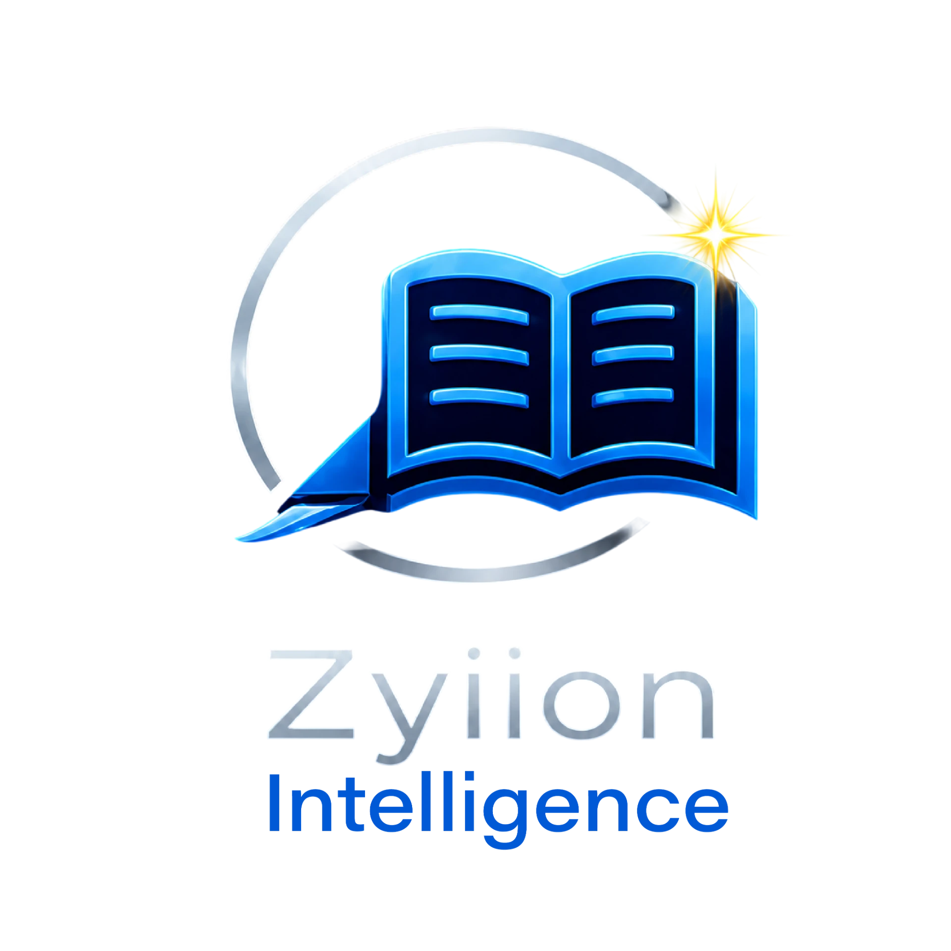 Zyiion Intelligence logo: an open blue book inside a silver ring with a gold spark