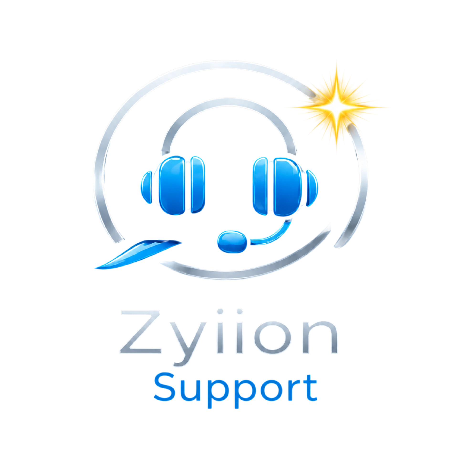 Zyiion Support logo: a blue headset inside a silver ring with a gold spark