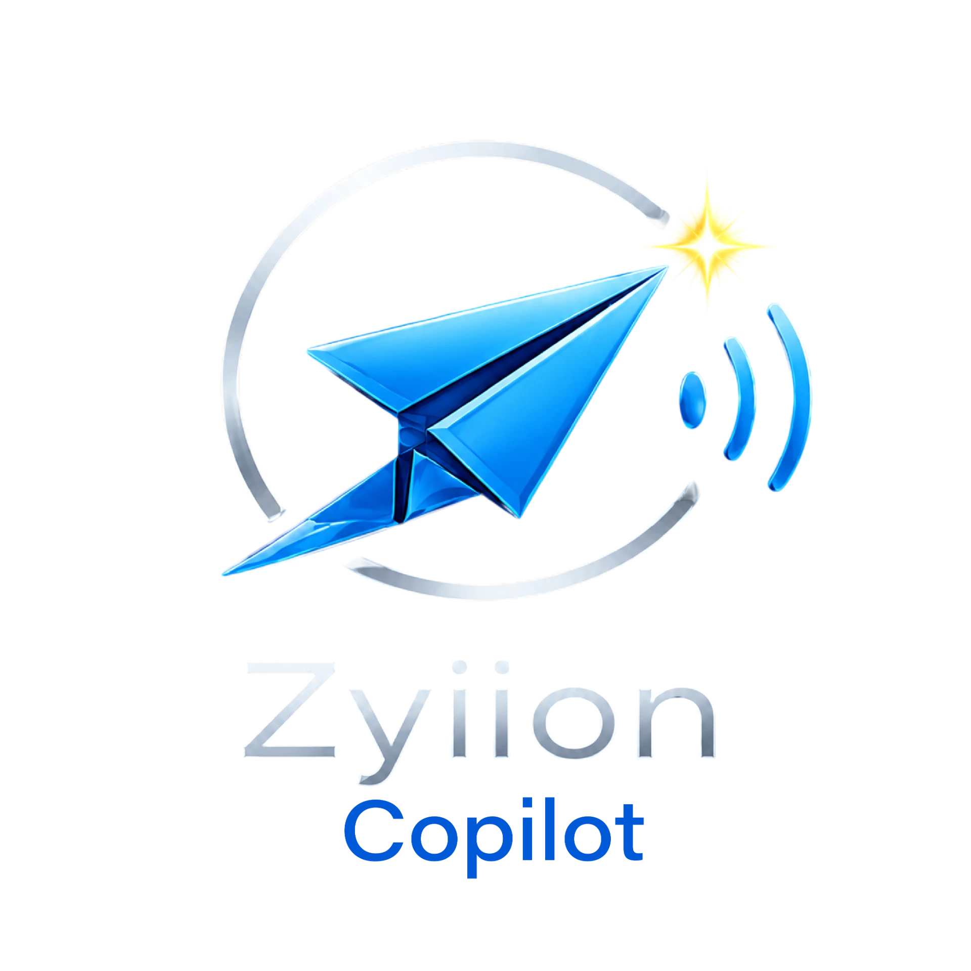 Zyiion Copilot logo: a blue paper plane inside a silver ring with a gold spark