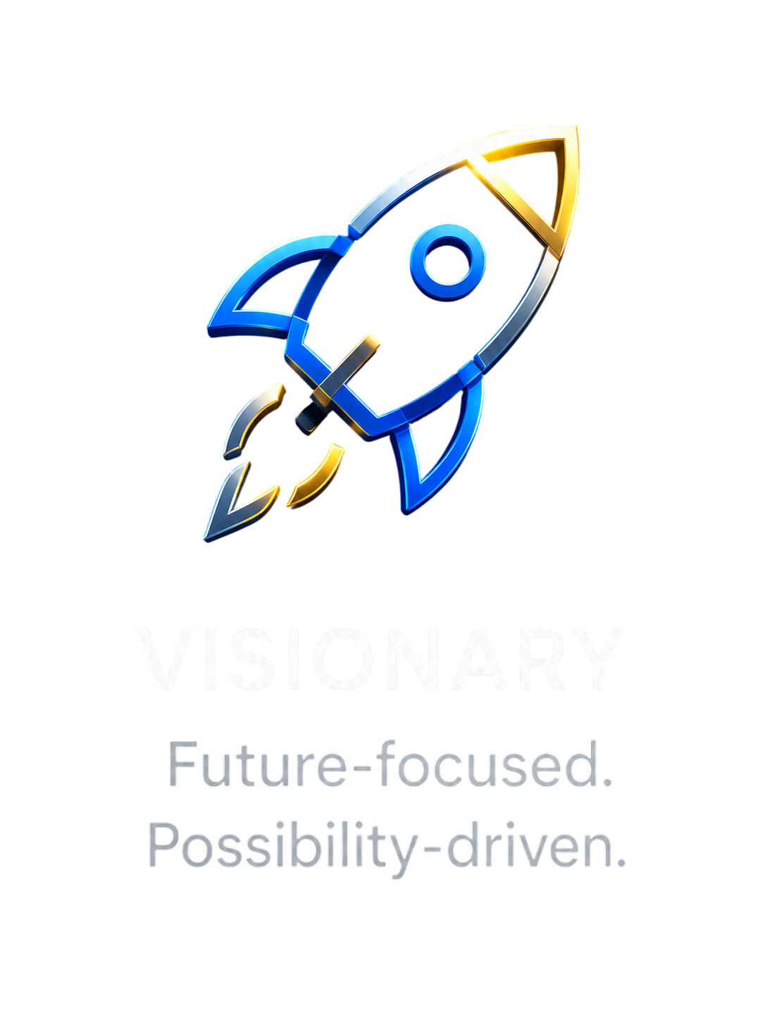 Visionary principle icon: a blue, silver and gold rocket in flight