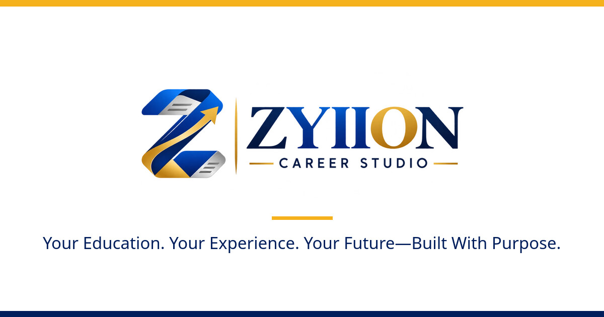 Zyiion Career Studio brand card in navy and gold with the studio slogan